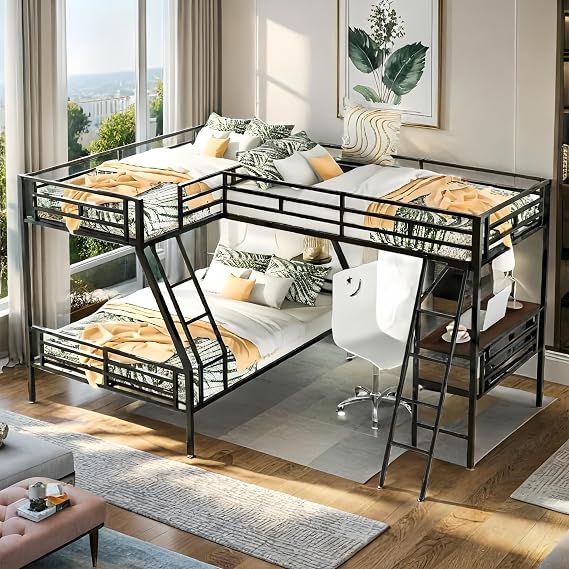 Heavy Duty Metal Triple Bunk Bed for Adults, L Shaped Triple Bunk Bed with Desk, Guardrails and Ladder, Noise-Free, Black Twin Over Full Bunk Beds Frame