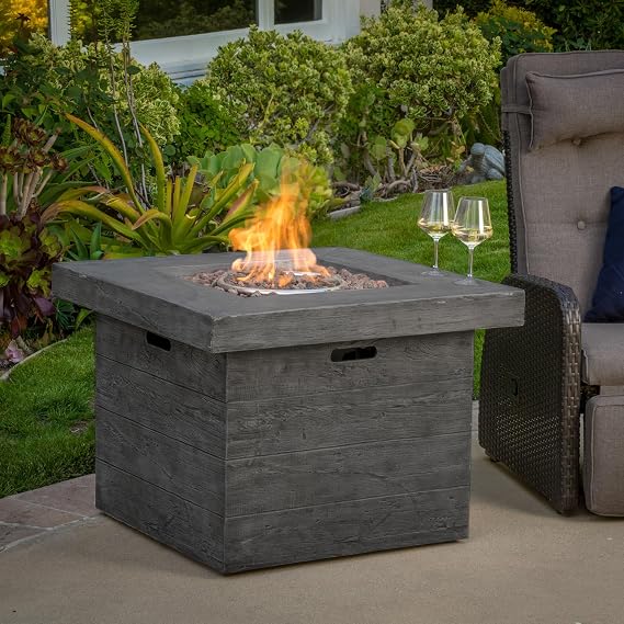 32 Inch Outdoor Propane Fire Pit Table, 40,000 BTU Square MgO Gas Fire Pit with Wood Grain Finish, Patio Fire Table for Backyard Deck Garden, Grey