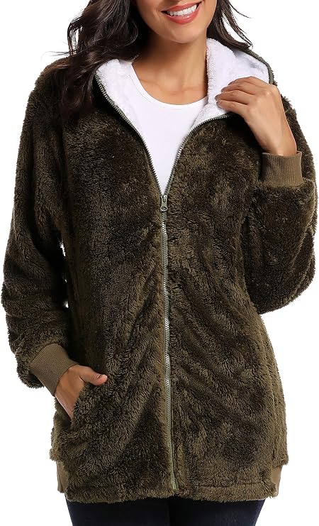 Fleece Coat for Women,Women's Oversized Zip Up Hooded Jacket Winter Plus Size Sherpa Coat