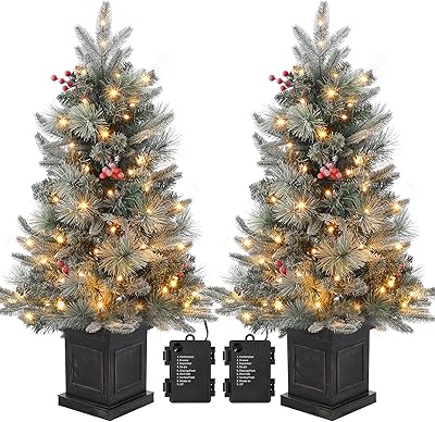 3 ft Prelit Premium Snow Flocked Artificial Christmas Tree with 8 Mode Warm White Led, Mini Prelit Xmas Pine Tree for Christmas Decoration,Yard,Home,Office,Outdoor,Indoor 2PCS