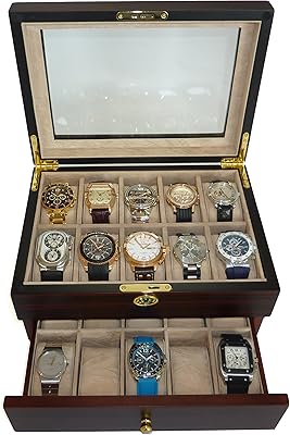 TIMELYBUYS 20 Piece Ebony Walnut Wood Mens Watch Box Display Case Collection Jewelry Box Storage Glass Top Fathers Day Gift