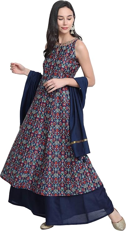Janasya Indian Women's Blue Embellished Festive Wear Kurta Set for Women