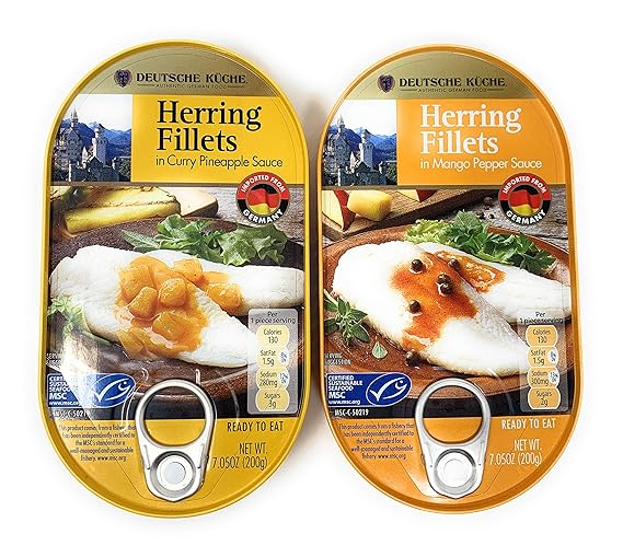 Deutsche Kuche Canned Herring Fillets, Curry Pineapple and Mango Pepper Sauce, 7.05 oz each, 2 pack