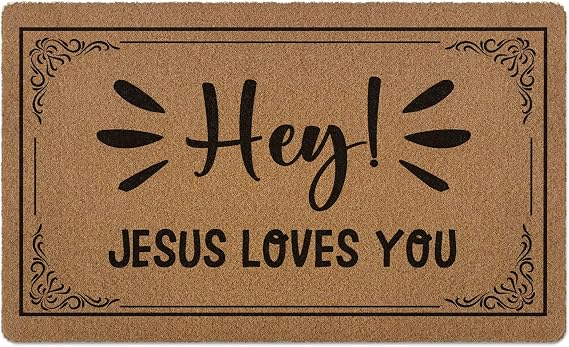 Christian Hey Jesus Loves You Door Mat, Bible Verse Welcome Artificial Coir Front Door Mat Indoor Outdoor Entrance, Farmhouse Doormat Rug for Porch Entryway Patio Prayer Room Decor, 17X30 Inch