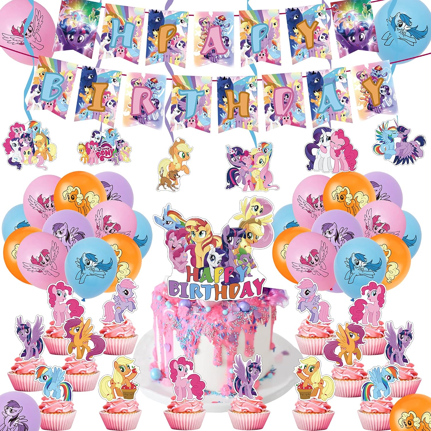 56 Pcs My Little Pony Party Supplies Theme Party Decorations Include Birthday Banner, Cake Topper, Cupcake Topper, Balloons, Hanging Swirls for Boys and Girls My Little Pony Party Decorations
