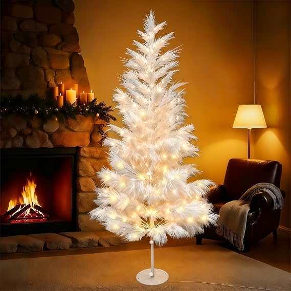 6FT Prelit Snow White Reed Pampas Grass Christmas Tree with Lights, Pre-Decorated Artificial Holiday Xmas Tree for Indoor and Outdoor Use
