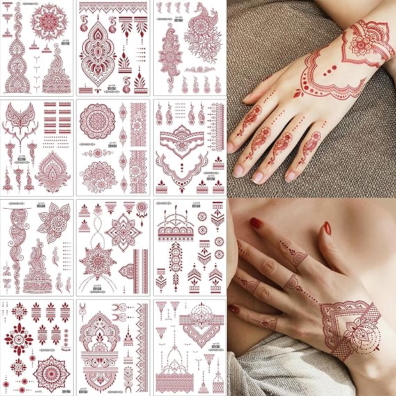 12 Sheets Brown Temporary Tattoos for Women | Waterproof fake tattoo kit for neck chest arm, lotus mandala flower body art stickers, party gift set for girls