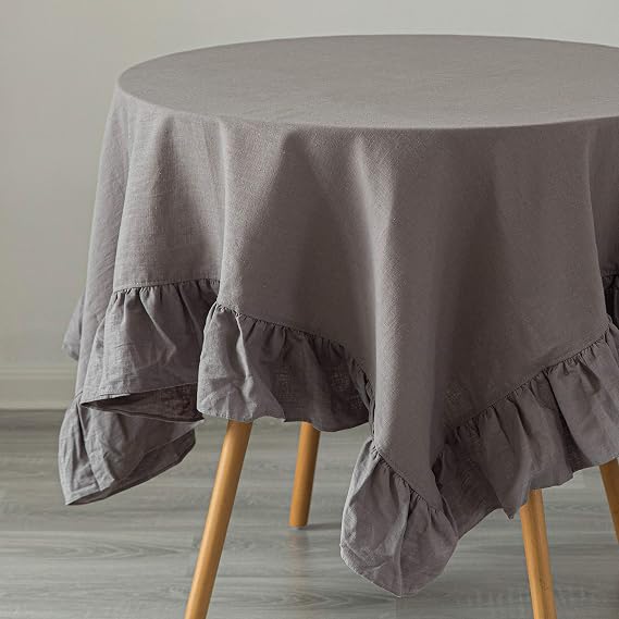100% Pure Linen Washable Tablecloth with Ruffle Trim, 70" x 70" Square Gray