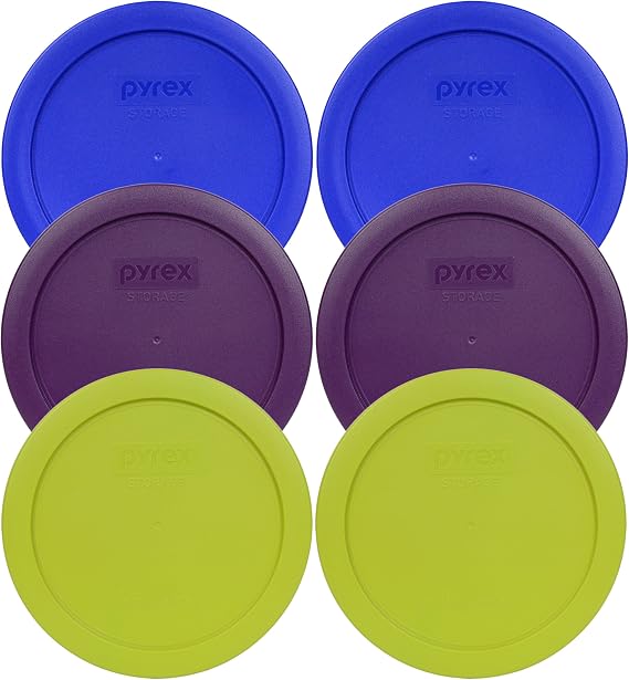 Pyrex 7201-PC (2) Cadet Blue, (2) Purple, (2) Edamame Lids - Made in USA | Durable Plastic Build | Easy Grip Tabs | Refrigerator Freezer Safe | Reusable Everyday Use