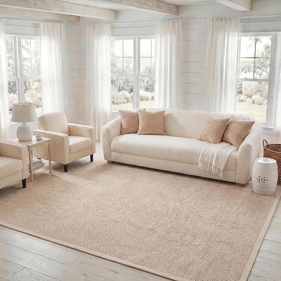 SAFAVIEH Area Rug 8x10 - Natural Fiber Collection - Large - Marble & Beige, Sisal, Woven Design with Border (NF143C)
