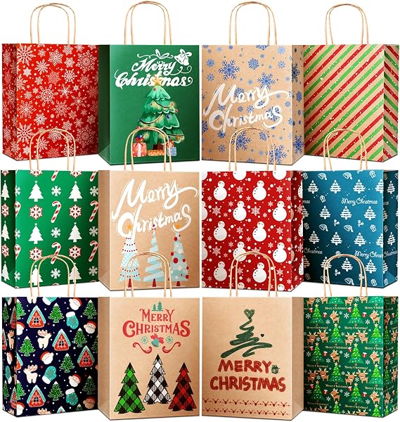 DeckTheHalls Christmas Bags, Gift Bags With Handles, 24 Pack