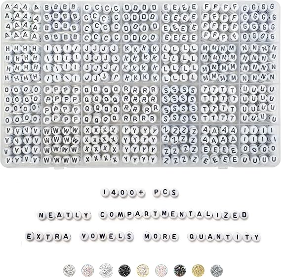 Deinduser 1400 Pieces Letter Beads - 4x7mm White Round Letter Beads for Bracelets - Acrylic Letter Beads for Jewelry Making - Bracelet Letter Beads - Alphabet Beads Black on White