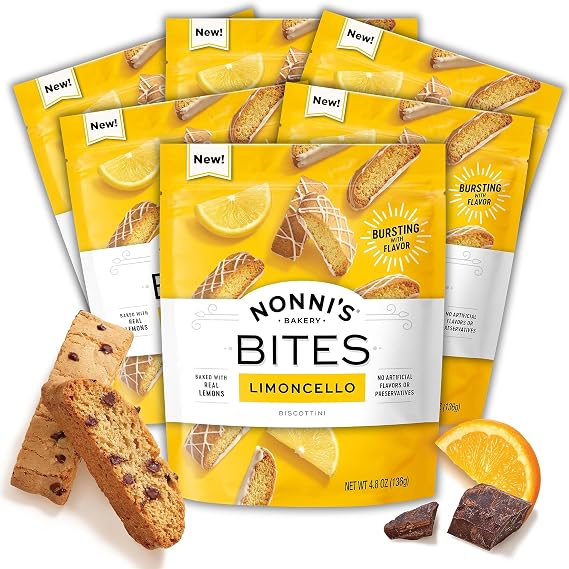 Nonni's Biscotti Style Bite Sized Twice Baked Crispy Cookie Bites - Kosher - 4.8oz, Limoncello Biscottini (Pack of 6)