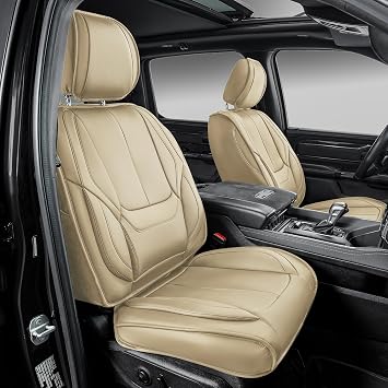 OASIS AUTO Custom Fit Seat Covers for 2019-2026 Ram 1500 2500 3500 (Crew & Quad Cab), Full Set Premium Leatherette, Waterproof Truck Protectors (Tan, for Curved Rear Seat)