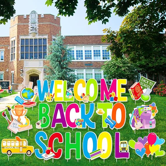 Fovths 17 Pieces Welcome Back to School Yard Sign Lawn Decor Waterproof Back to School Yard Signs with Stakes Giant Outdoor Welcome Party Sign for School Yard Sidewalk (Letter)