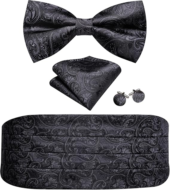 YOHOWA Men Cummerbund Bow Tie Set Silk Paisley Formal Pre-Tied Bowtie Pocket Square Cufflinks Wedding Party Prom