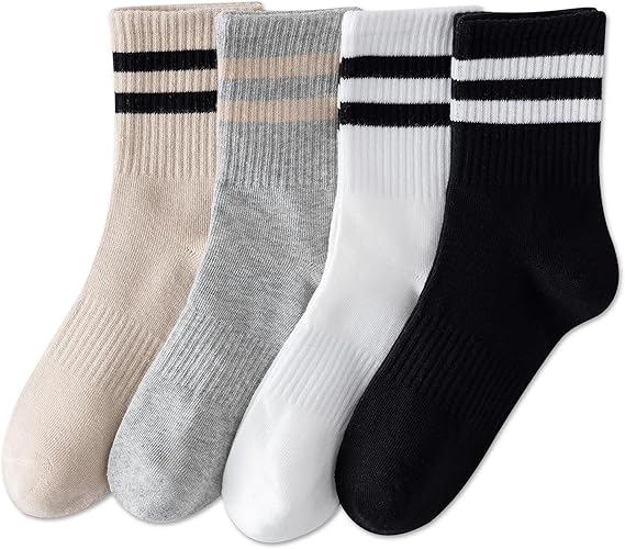 YUWELL Womens Striped Crew Socks, Cotton Socks for Women 4Pairs,Size 5-10