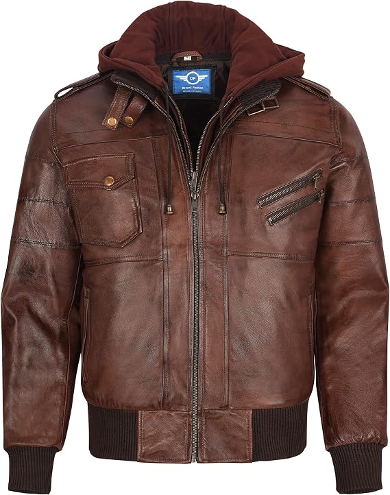 Men's Leather Jacket Removable Hood | leather jacket Men | Black Leather Motorcycle Jacket