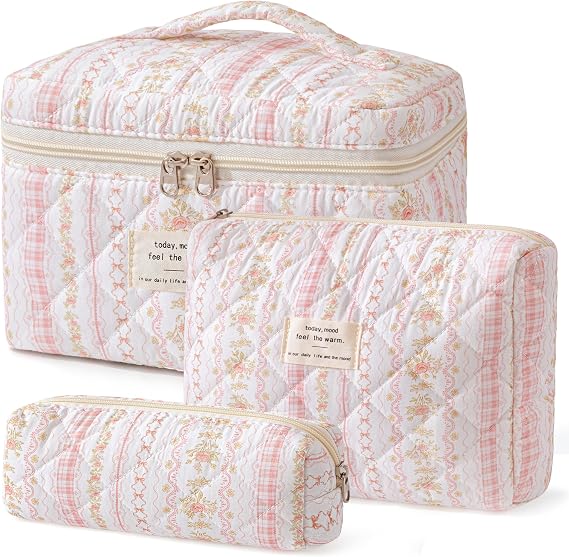 HBselect Quilted Makeup Bag, 3Pcs Cotton Large Travel Makeup Bags Organizer