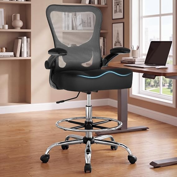 500LBS Ergonomic Drafting Chair Tall Office Chair for Counter Height or Standing Desk, Executive High Office Chairs with W-Shaped Thick Seat Cushion, Footrest Ring & Breathable Fabric, Black