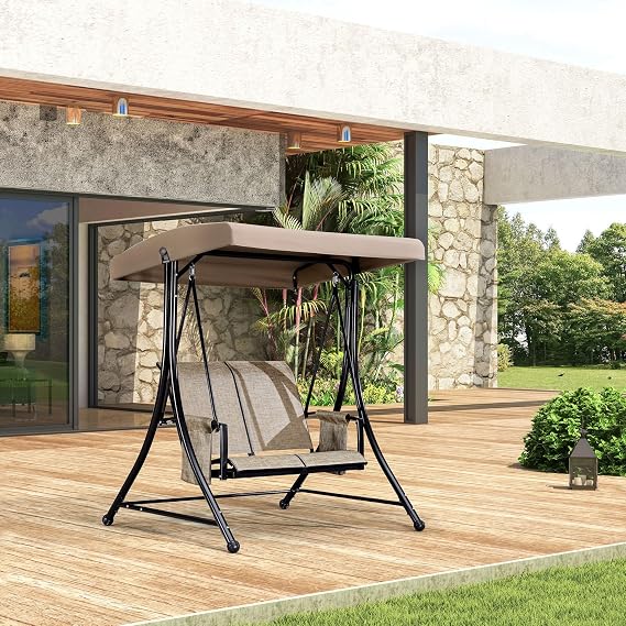 PURPLE LEAF 2-Seat Outdoor Patio Porch Swing with Textilene Fabric | Canopy and Stand Design, Easy to Move, Heavy-Duty Aluminum Structure, Convenient Storage Pocket, Easy to Clean