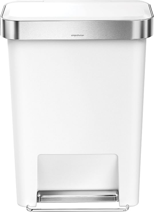 simplehuman Hybrid Step Can, 45L / 12 Gallon Rectangular Kitchen Trash Can, Liner Rim System, Liner Pocket, 150,000-Step Pedal, Lid Shox Silent Close, White Plastic