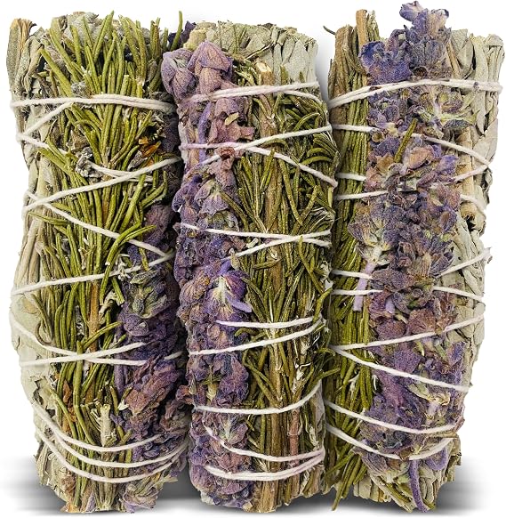 Sage Smudge Kit for Cleansing Negative Energy, Home and Creating The Energy of Happiness Rosemary & Lavender Sage Smudge Sticks with White Sage Pack of 3