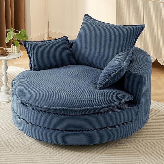 360 Swivel Sofa Chair Accent Barrel Chair 57.5" Swivel Round Chair with Dual-Layer Cushion Design and 3 Removable Pillows for Living Room, Bedroom,Office and Hotel (Blue_21)
