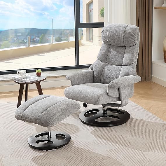Ergonomic Massage Recliner Chair with Ottoman, Chenille Fabric Swivel Lounge Chair with 5 Point Vibration Massage, Seat Heating and Adjustable Backrest, Living Room Chairs for Home Office, Grey