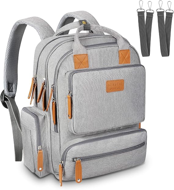 SENSYNE Diaper Bag Backpack, Multi-Function Waterproof Maternity Baby Nursing Nappy Back Pack for Boy/Girl on Travel with Stroller Straps, Large & Stylish & Durable, Gray, 15.4 x 6.3x 17.4 Inch