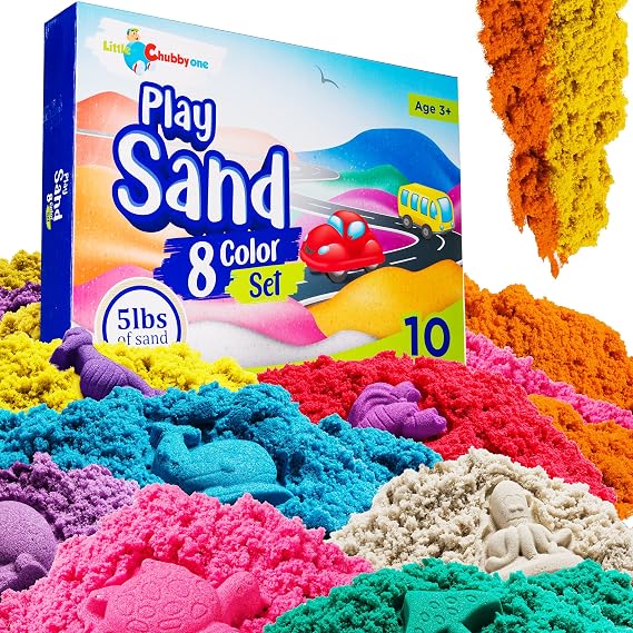 LITTLE CHUBBY ONE 8 Color Kids Play Sand Set - 5 Lbs of Sand - Toy Magic Sand Set - 10 Molds and Tray for Girls and Boys - Ideas for Children Activities Age 2 3 4 5 6 7 8 9 10
