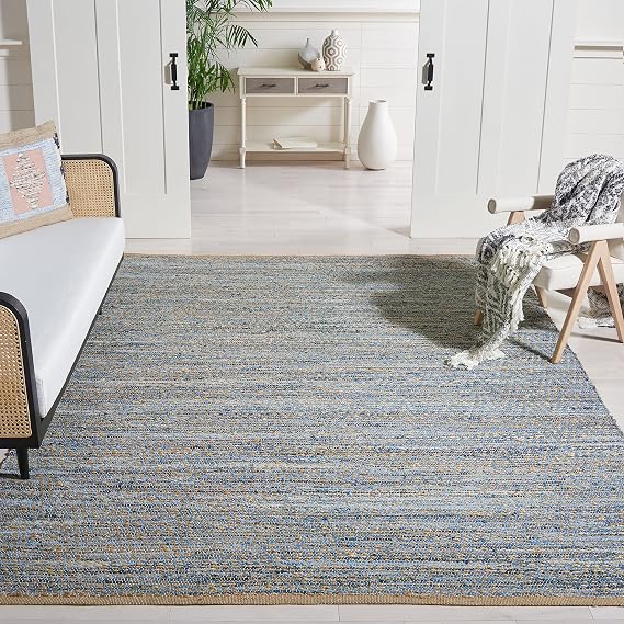 SAFAVIEH Area Rug 8x10 - Cape Cod Collection - Large - Natural & Blue, Handmade Flat Weave Braided Jute, Ideal for Living Room, Bedroom, Office, Dining Space (CAP350A)