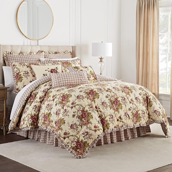 Waverly Norfolk 4-Piece 100% Cotton Comforter Set - King Red Floral Prints, with 2 Shams & 1 Bedskirt