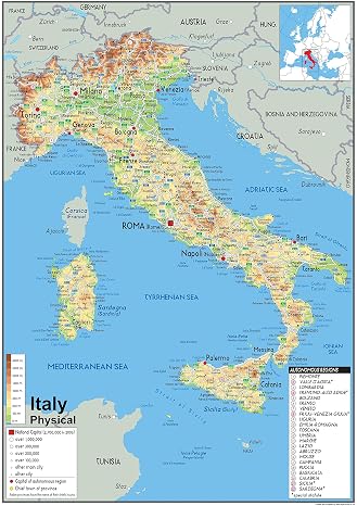 Physical Map of Italy - Size A1-59.4 x 84.1cm - Paper Laminated | Detailed Laminated Wall Map, Ideal For Home, Office Or Classroom Display.