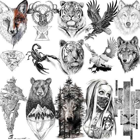 VANTATY 10 Sheets Realistic Tiger Temporary Tattoos Animals For Men Body Armband Soldier Fake Tatoo Stickers For Women Scorpion Wolf Deer Elk Eagle Bear Dot Adults Forearm Tattoos Girls Kids Teens.