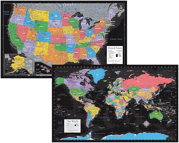 Palace Learning Laminated World Map & US Map Poster Set - 18" x 29" - Wall Chart Maps of the World & United States - Made in the USA (LAMINATED) (Black)