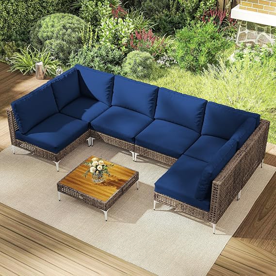 Outsunny 7 Piece Wicker Patio Furniture Set Modular Rattan Brown/Dark Blue