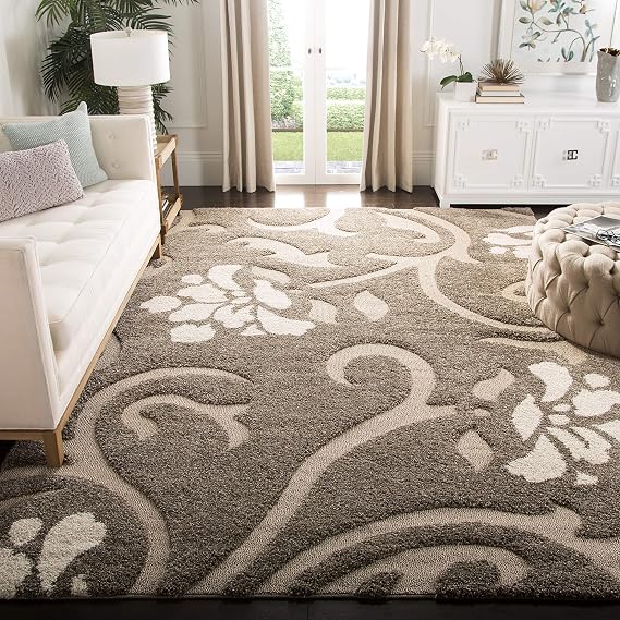 SAFAVIEH Area Rug 8x10 - Florida Shag Collection - Large - Smoke & Beige, Floral Design, Non-Shedding & Easy Cleaning, Plush Thick Pile, Ideal for Living Room, Bedroom, Dining Space (SG464-7913)